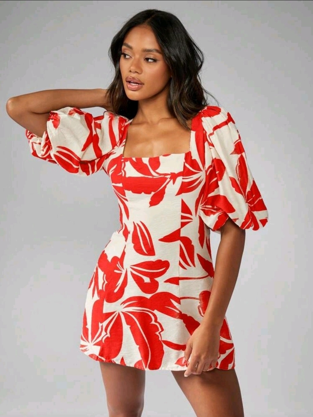 Missguided White and Red Floral Mini Dress with Puff Sleeves